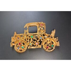 Vintage Model T Antique Car Brooch Gold Tone Rhinestone Pin Fashion Jewelry Gems